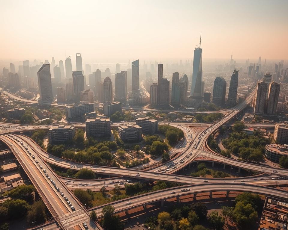 A bustling city skyline, buildings towering high against a hazy, sun-drenched backdrop. Vast concrete expanses radiate heat, creating an urban heat island effect. In the foreground, a sprawling network of roads and infrastructure, vehicles crawling through the sweltering streets. Amidst the concrete jungle, pockets of greenery struggle to thrive, providing a rare respite from the relentless heat. The scene is illuminated by a warm, golden light, casting long shadows and accentuating the stark contrast between the natural and built environments. The overall atmosphere conveys the challenges of water access and the pressing need for sustainable urban planning in these heat-stricken areas.