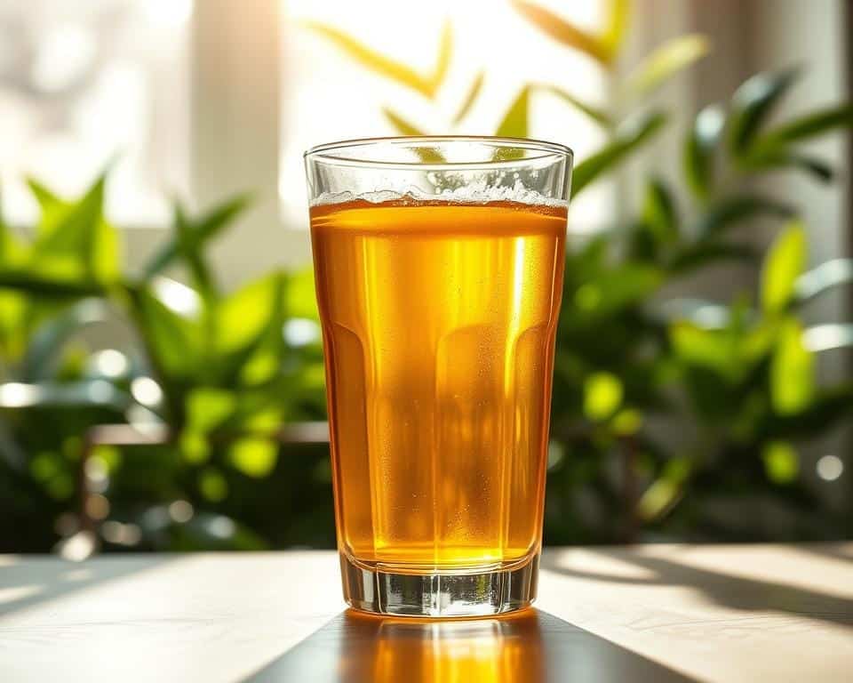 A clear glass filled with a golden-amber liquid, casting a warm, inviting glow against a backdrop of lush, green plant life. Sunlight streams in through a nearby window, creating a sense of natural, unfiltered illumination. The liquid's surface gently ripples, hinting at the refreshing, effervescent nature of the diuretic effect. The composition is artfully balanced, with the glass positioned at a slight angle to draw the viewer's eye. The overall atmosphere is one of tranquility and understated sophistication, inviting the viewer to contemplate the complex interplay of caffeine, hydration, and the human body.