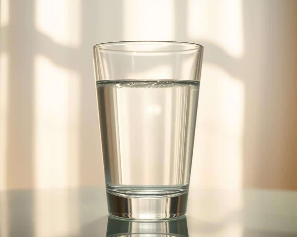 A clear, pristine glass of water, filled to the brim with translucent, shimmering liquid. Sunlight filters through the glass, casting a warm glow and creating a subtle play of light and shadow. The water's surface is perfectly still, reflecting the surrounding environment in a serene, mirror-like fashion. The composition is centered, drawing the viewer's eye directly to the glass and the life-giving liquid within. The lighting is soft, natural, and evenly distributed, accentuating the water's purity and clarity. The overall mood is one of tranquility, refreshment, and the fundamental importance of hydration for energy and well-being.