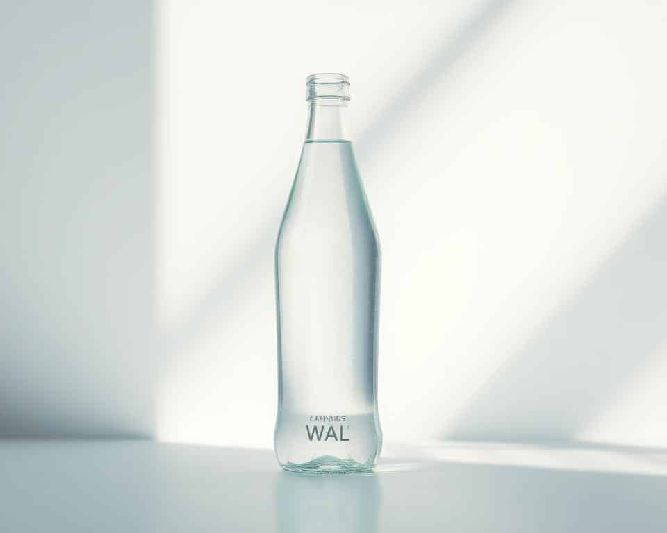 A crystal-clear bottle of mineral water nestled against a backdrop of soft, natural lighting. The bottle's surface reflects the surroundings, creating a sense of depth and clarity. The water within glistens, appearing as a captivating, translucent blue-green hue. The label displays the brand name in a clean, modern font, complementing the overall refined aesthetic. The bottle is positioned on a smooth, neutral-toned surface, allowing the focus to remain on the water's purity and refreshing qualities. The scene conveys a sense of simplicity, quality, and the natural essence of mineral water.