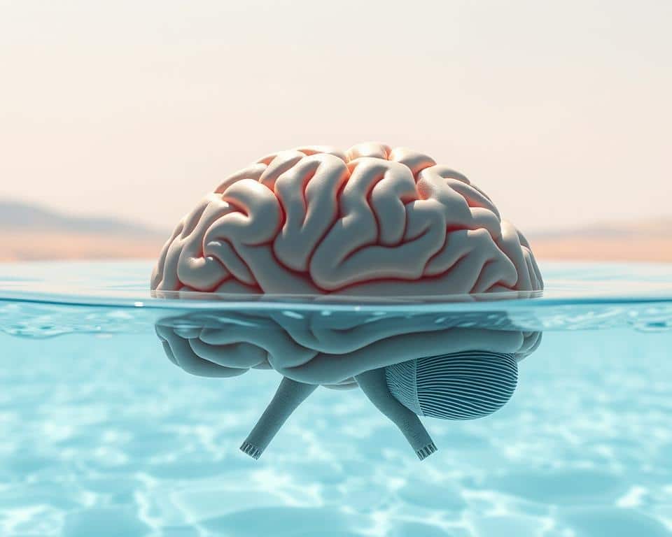 A detailed cross-section of a human brain, immersed in a crystal-clear pool of water. The brain's intricate folds and structures are meticulously rendered, with a soft, diffuse lighting illuminating the scene from above. The water's surface reflects the brain's form, creating a sense of depth and fluid movement. The background is a muted, hazy landscape, allowing the main subject to take center stage. The overall mood is one of tranquility and clarity, emphasizing the vital role of hydration in maintaining cognitive function and mental acuity.