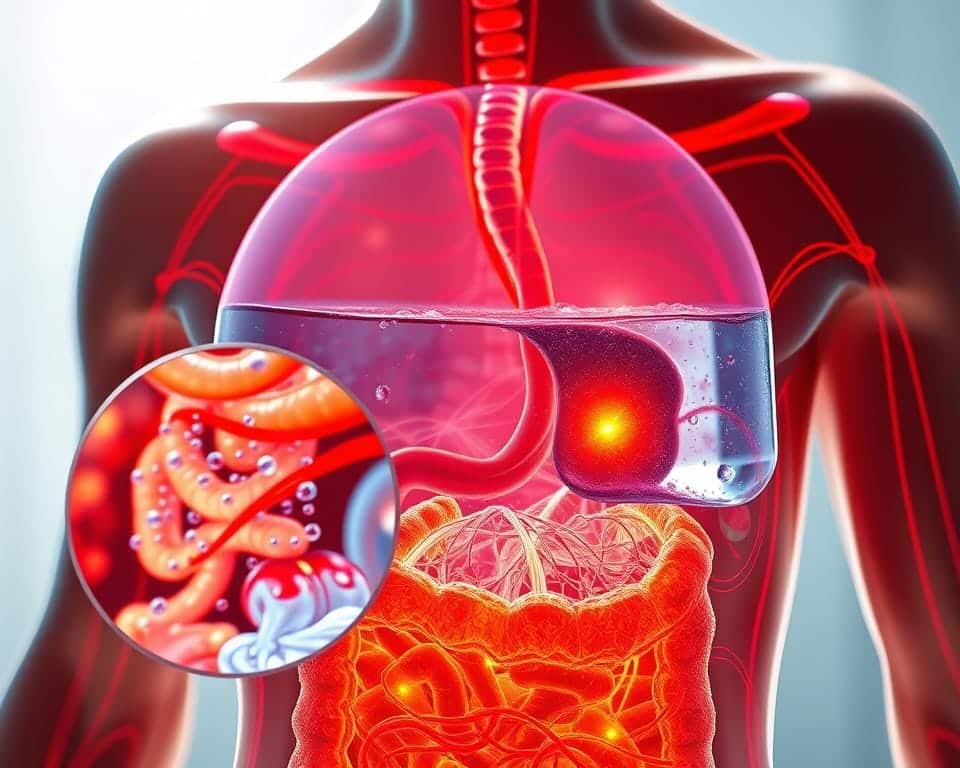 A detailed cross-section of the human body, showcasing the intricate processes of water-induced thermogenesis. In the foreground, a magnified view of the digestive system, highlighting the interactions between water intake and metabolic pathways. The middle ground depicts the circulatory system, with blood vessels and capillaries carrying the warmed water throughout the body. In the background, a three-dimensional representation of the body's temperature regulation, visualizing the heat generation and dissipation triggered by the water-based thermogenic response. Captured with a high-resolution, macro lens, the image presents a vivid, scientifically accurate depiction of the physiological mechanisms behind water's role in boosting metabolism.