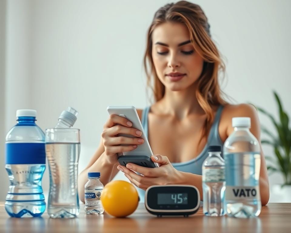 A detailed, full-body portrait of a person carefully monitoring their hydration levels, with a variety of hydration-related objects in the foreground and middle ground. The subject is shown in a well-lit, natural setting, with a serene, focused expression as they check their electrolyte balance using a digital device. The background is blurred, but suggests a clean, minimalist indoor space. The composition emphasizes the importance of hydration and electrolyte management, with the subject's actions and the surrounding objects conveying a sense of intentionality and personal care.