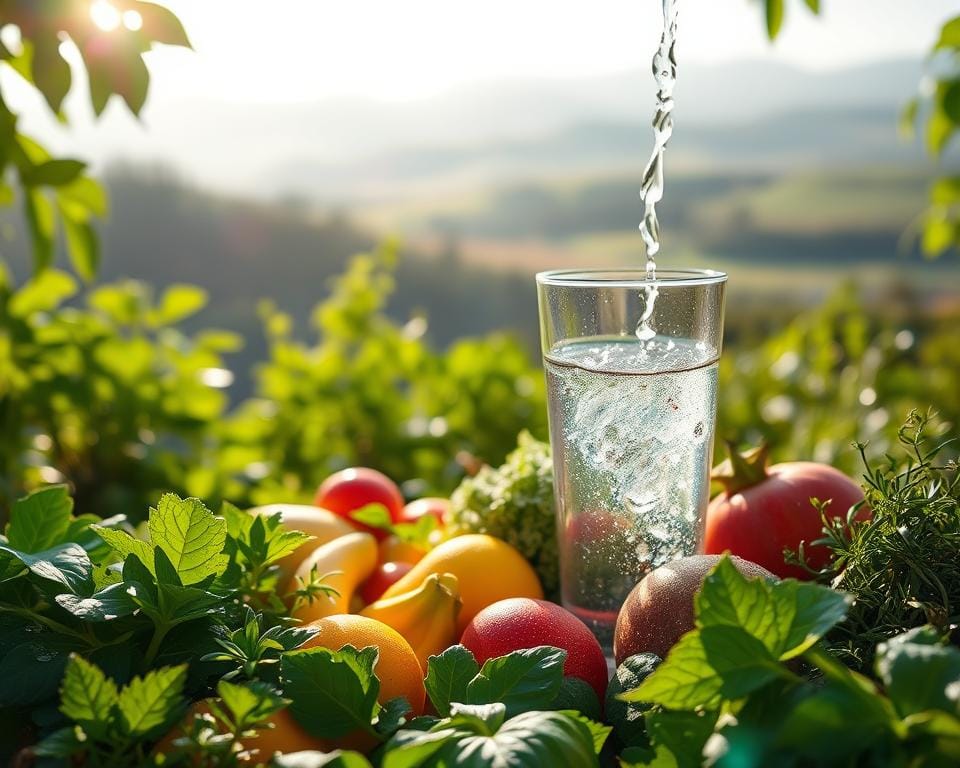 A glass of crystal clear water gently flowing, surrounded by a lush, verdant garden oasis. Sunlight filters through the leaves, casting a warm, diffused glow across the scene. In the foreground, a healthy assortment of leafy greens, vibrant fruits, and soothing herbs create a visual symphony of nature's bounty. The middle ground features a delicate balance of elements, with water droplets glistening on the produce, symbolizing the vital role hydration plays in aiding digestion and nourishing the gut microbiome. The background showcases a serene, calming landscape, where rolling hills and a distant horizon evoke a sense of tranquility and balance. Captured with a sharp, high-resolution lens, this image invites the viewer to experience the harmonious relationship between water, nutrition, and holistic well-being.