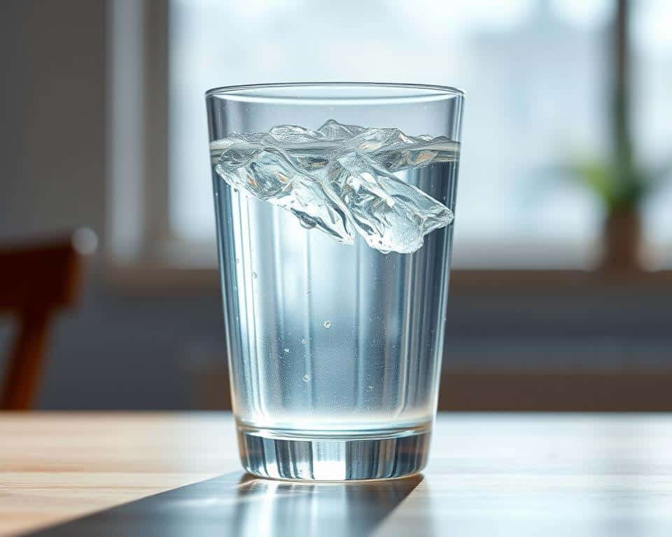 A glass tumbler filled with crystal clear, icy-cold water sits on a smooth, polished wooden table. Droplets of condensation cling to the surface, reflecting the soft, diffused lighting. The water's surface is calm and still, creating a mirror-like reflection of the surrounding environment. The atmosphere is serene and tranquil, evoking a sense of refreshment and purity. The overall composition emphasizes the simplicity and natural beauty of the cold water, perfectly capturing the essence of the "cold" temperature range.