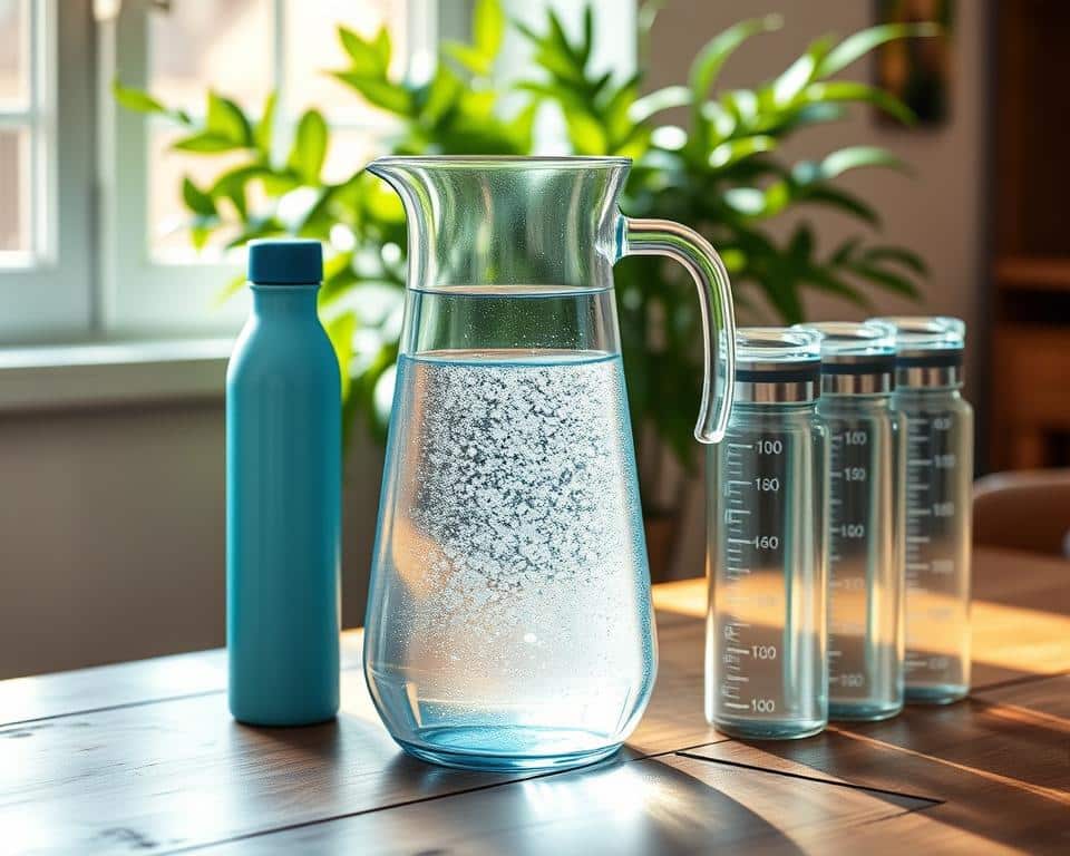 A glass water pitcher filled with clear, sparkling water sits on a rustic wooden table. Sunlight streams in through a nearby window, casting a warm glow on the scene. Surrounding the pitcher are several reusable water bottles, each with a different measurement marking to track daily hydration goals. The bottles are in various shades of blue, green, and gray, creating a harmonious color palette. In the background, a lush, leafy plant adds a touch of nature, while the overall composition conveys a sense of simplicity, organization, and a focus on personal wellness. A glass water pitcher filled with clear, sparkling water sits on a rustic wooden table. Sunlight streams in through a nearby window, casting a warm glow on the scene. Surrounding the pitcher are several reusable water bottles, each with a different measurement marking to track daily hydration goals. The bottles are in various shades of blue, green, and gray, creating a harmonious color palette. In the background, a lush, leafy plant adds a touch of nature, while the overall composition conveys a sense of simplicity, organization, and a focus on personal wellness.