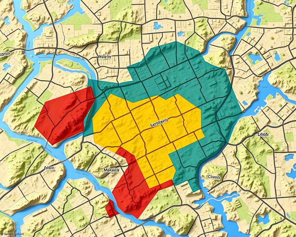 A highly detailed and sharply focused geographical map depicting the flood risk and hazard areas within a community. The map showcases a realistic aerial perspective, with natural colors and topographical features such as rivers, lakes, and terrain contours. Overlaid on the map are clearly demarcated zones highlighting the varying levels of flood risk, using a color-coded system to denote low, moderate, and high-risk areas. The map conveys a sense of preparedness and awareness, suitable for inclusion in an article about building a community flood preparedness plan.