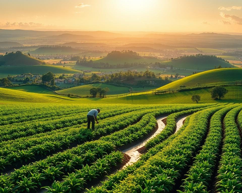 A lush, verdant landscape, dominated by rolling hills and thriving farmlands. In the foreground, a farmer meticulously tending to his crops, mindfully managing the precious groundwater resources. Intricate irrigation systems weave through the fields, channeling water with precision. In the middle ground, a network of wells and pumps, their operation guided by advanced monitoring and data analysis. The background reveals a panoramic view of the countryside, where small villages and wooded areas blend seamlessly, creating a harmonious balance between nature and human activity. Warm, golden sunlight filters through wispy clouds, illuminating the scene with a sense of tranquility and prosperity. The entire composition conveys a story of sustainable, efficient groundwater management, empowering farmers to adapt and thrive in the face of water scarcity.
