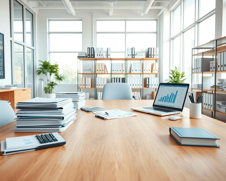 A modern, well-lit office space with a large wooden desk in the foreground. On the desk, various funding-related items are neatly arranged: stacks of documents, a calculator, a pen holder, and a laptop displaying financial charts and graphs. In the middle ground, shelves line the walls, filled with binders, books, and other organizational tools. The background features floor-to-ceiling windows, allowing natural light to pour in and create a warm, productive atmosphere. The overall scene conveys a sense of diligence, planning, and a thoughtful approach to managing financial resources for community-focused initiatives.