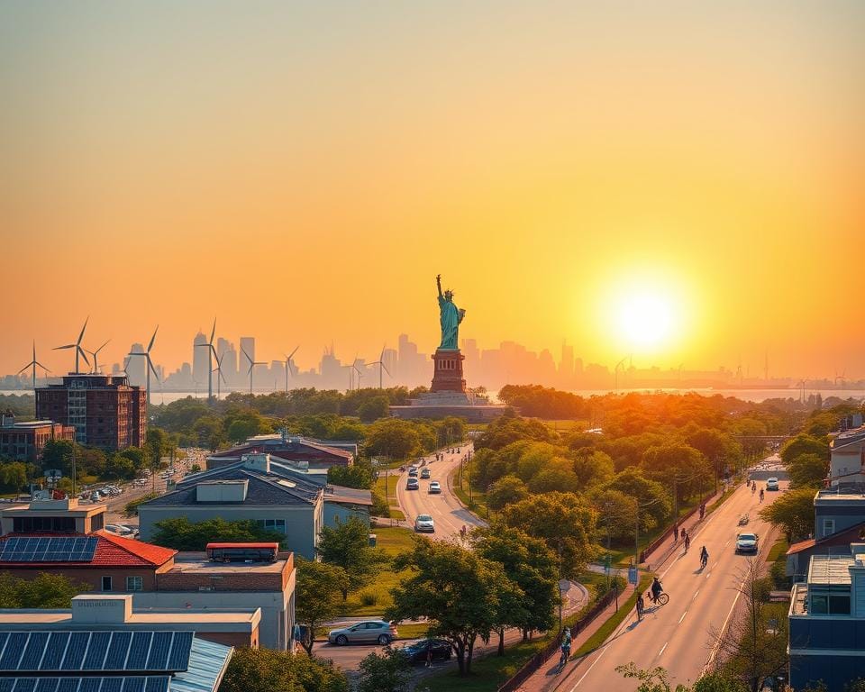 A panoramic landscape depicting climate action in the United States. In the foreground, a bustling city skyline with renewable energy infrastructure - solar panels on rooftops, wind turbines dotting the horizon. In the middle ground, a lush, verdant landscape with electric vehicles on the roads and people cycling, walking, and utilizing public transportation. In the background, the iconic silhouette of the Statue of Liberty, a symbol of hope and progress, set against a vibrant, hazy sunset sky. The scene conveys a sense of collective effort, innovation, and a determined transition towards a sustainable future.