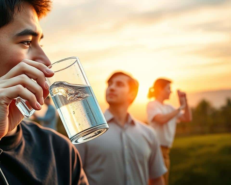A person drinking water at various times throughout the day, representing proper hydration for increased energy. The foreground features the person sipping from a glass of water, their face expressing renewed vigor. The middle ground showcases the person engaged in different tasks and activities, from working at a desk to exercising outdoors. The background depicts the passage of time, with the sky transitioning from dawn to dusk. Soft, natural lighting illuminates the scene, and the colors are vibrant yet calming. The overall composition conveys the importance of consistent hydration for sustained energy and productivity.