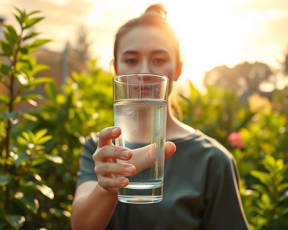 A person standing in a serene garden, holding a glass of clear water, surrounded by lush greenery and a vibrant, warm-toned sky. The person's face is illuminated by natural lighting, conveying a sense of refreshment and vitality. The garden setting features a variety of flourishing plants, creating a calming and tranquil atmosphere. The glass of water is positioned prominently, highlighting the importance of staying hydrated throughout the day. The overall scene evokes a feeling of health, wellness, and a balanced lifestyle.
