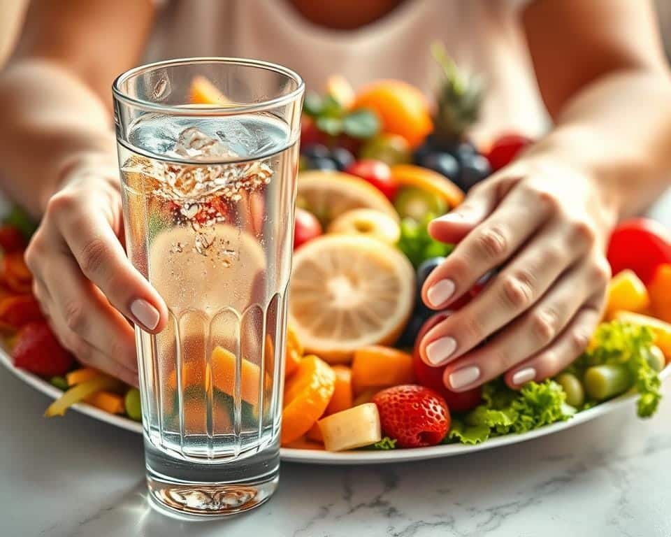 A plate overflowing with a vibrant array of fresh fruits and vegetables, each item bursting with color and texture. In the foreground, a glass of cool, crystal-clear water reflects the light, its surface gently rippled. The middle ground features a person's hands, poised and eager, ready to dive into the nourishing spread. The background is softly blurred, creating a sense of focus and intensity on the enticing meal. The scene is bathed in warm, natural lighting, enhancing the appetizing appeal. This image conveys a strong, healthy appetite, fueled by the hydrating power of water and the abundance of wholesome, vibrant ingredients.