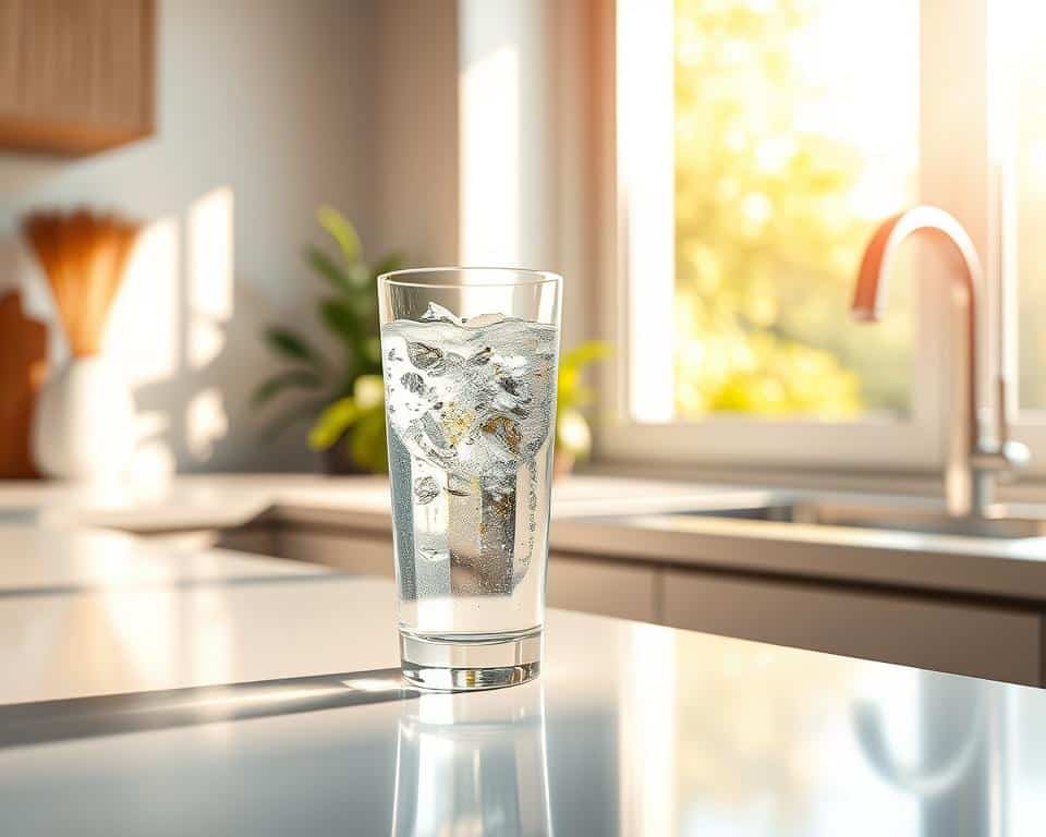 A pristine glass of crystal-clear water rests on a sleek, modern kitchen counter. The light from a nearby window casts a warm, golden glow, illuminating the water's purity and sparkling clarity. In the background, a lush, verdant garden can be seen through the window, conveying a sense of natural harmony and community well-being. The scene exudes a calming, rejuvenating atmosphere, inviting the viewer to pause and appreciate the simple, yet profound, joy of quality, safe water.