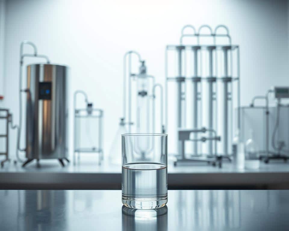 A pristine laboratory setting, with various glassware and equipment arranged in a well-organized manner. In the foreground, a glass beaker filled with clear liquid rests on a sleek, stainless steel counter. In the middle ground, a state-of-the-art reverse osmosis system stands tall, its metallic exterior gleaming under the soft, diffused lighting. In the background, a series of tall, cylindrical distillation columns rise, their intricate inner workings visible through the transparent glass. The overall atmosphere is one of scientific precision, efficiency, and a dedication to the pursuit of pure, clean water.