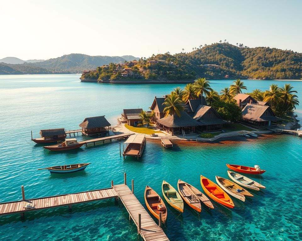A quaint seaside village nestled on a small, verdant island, surrounded by crystal-clear turquoise waters. Thatched-roof cottages and weathered wooden docks line the shoreline, while fishing boats and kayaks gently sway in the calm bay. In the background, rolling hills dotted with palm trees and lush, vibrant foliage create a serene, idyllic atmosphere. Warm, natural sunlight casts a soft, golden glow over the scene, highlighting the vibrant colors and textures of the island community. The overall mood is one of tranquility, resilience, and a deep connection to the natural world, despite the looming threat of rising sea levels.