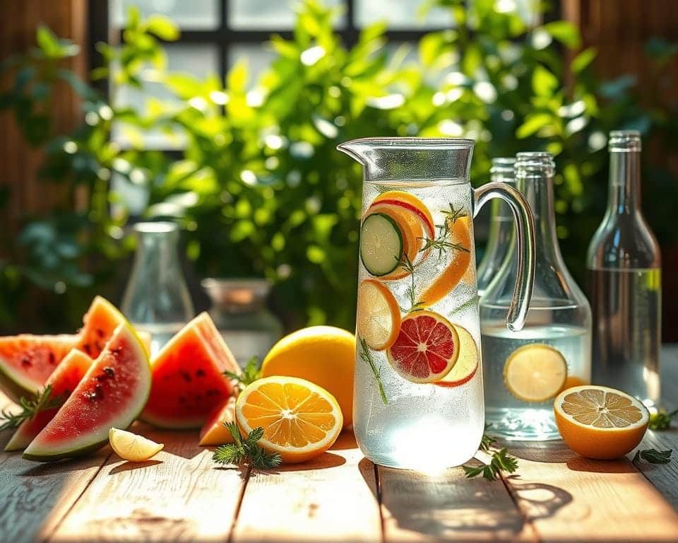 A refreshing array of vibrant, natural ingredients artfully arranged on a rustic wooden table, bathed in soft, golden light. In the foreground, a glass pitcher overflows with sparkling water, infused with slices of citrus and sprigs of fresh herbs. Surrounding it, an assortment of chilled fruits, such as juicy watermelon, crisp cucumber, and fragrant lemon wedges, creating a visually enticing and nourishing tableau. The middle ground features a selection of sleek, modern glass bottles filled with infused waters, while the background showcases lush, verdant foliage, hinting at the natural, wholesome essence of these "water upgrades" to start the day.