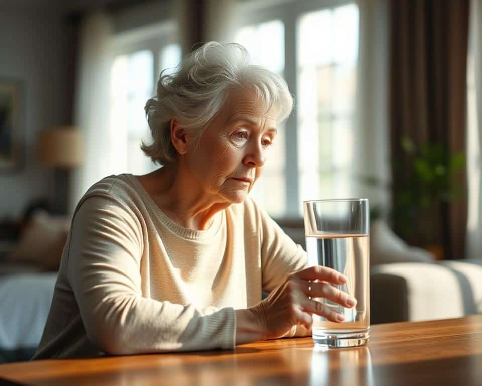 A senior woman sitting at a table, gazing thoughtfully at a glass of water. Her face is illuminated by soft, natural lighting from a nearby window, casting gentle shadows on her features. The background is blurred, with muted hues of a cozy living room, hinting at the comforts of home. The woman's posture conveys a sense of contemplation, as she considers the barriers she faces in maintaining proper hydration. The image captures the essence of the "Overcoming common barriers to drinking enough" section, with a focus on the personal, relatable experience of a senior navigating the challenges of staying hydrated.