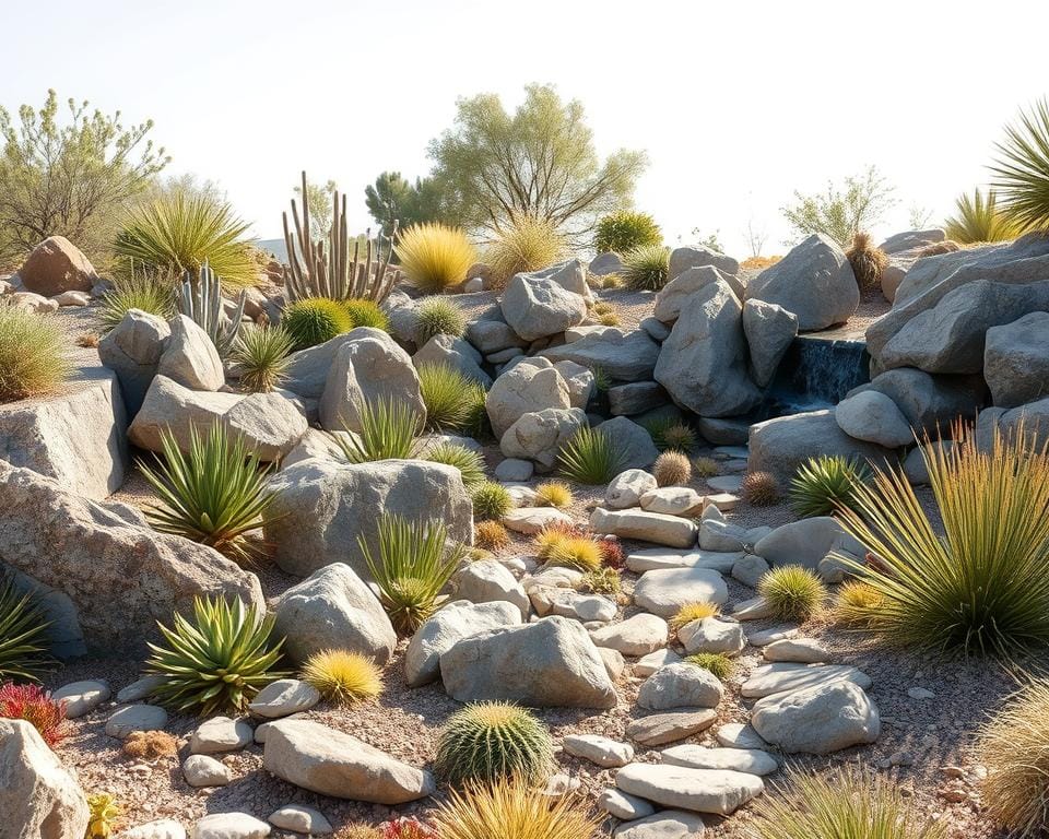 A serene rock garden nestled amidst a lush, drought-resistant landscape. Rugged boulders and smooth river rocks create a captivating focal point, complemented by a tapestry of resilient succulents, cacti, and ornamental grasses. Soft, diffused sunlight filters through the scene, casting gentle shadows and highlighting the varied textures. In the background, a tranquil water feature gently bubbles, adding a soothing auditory element. The overall composition evokes a sense of harmony, showcasing a beautiful, low-maintenance garden that thrives year-round, even in challenging climates.