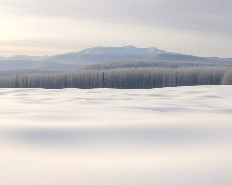 A serene winter landscape, with a crisp, snow-covered foreground. In the middle ground, a dense forest of bare, frozen trees stands in stark contrast against a pale, overcast sky. In the distance, a mountain range rises, its peaks dusted with fresh snow. The scene is illuminated by soft, diffused natural light, casting long, dramatic shadows across the undulating snowpack. The overall mood is one of tranquility and the subtle, yet pervasive, effects of climate change on the delicate balance of the ecosystem.