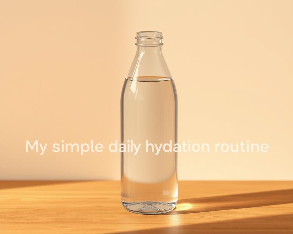 A simple, elegant glass water bottle filled with fresh, clear water, resting on a wooden surface. The bottle's sleek, minimalist design is accentuated by soft, natural lighting, casting gentle shadows that add depth and dimension. The water inside the bottle appears crisp and refreshing, with a slight shimmer that captures the essence of hydration. The background is a warm, neutral tone, allowing the water bottle to be the focal point, emanating a sense of tranquility and balance. The overall composition is clean, well-proportioned, and visually appealing, perfectly complementing the section title "My simple daily hydration routine that works".