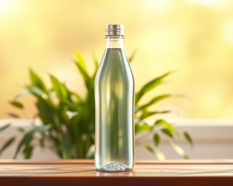 A sleek, stainless steel water bottle gleaming in soft, natural light, standing prominently in the foreground on a wooden surface. The bottle's curved silhouette and clean, minimalist design create a sense of simplicity and functionality. In the middle ground, the bottle is partially obscured by lush, verdant plants, symbolizing the connection between hydration and holistic well-being. The background fades into a warm, golden-toned ambiance, evoking a serene, nurturing atmosphere. The overall composition conveys a sense of balance, harmony, and the importance of staying hydrated as a key component of a healthy lifestyle.