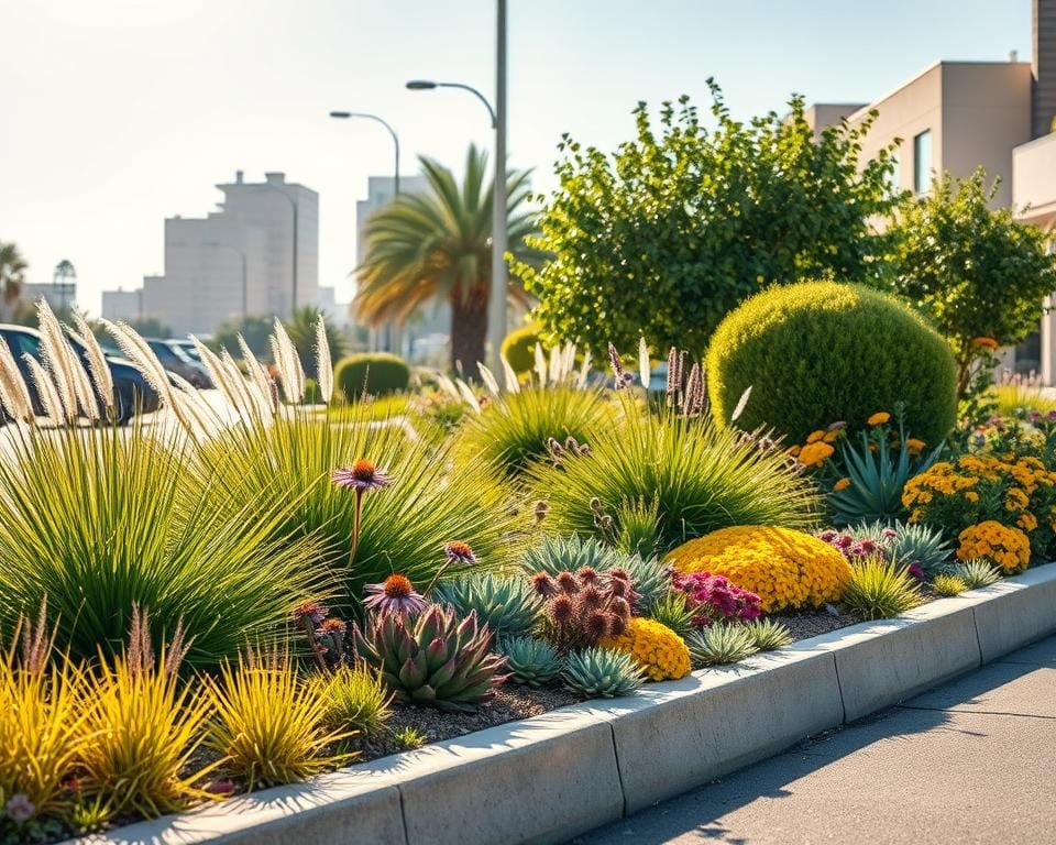 A sun-soaked curbside strip showcases a vibrant assortment of heat-tolerant plants. In the foreground, a lush carpet of drought-resistant succulents and grasses sway gently in the breeze. Interspersed among them, clusters of colorful, low-maintenance blooms like purple coneflowers and yellow lantana add pops of vivid color. The middle ground features a variety of sturdy, resilient shrubs and small trees, their foliage shimmering in the warm afternoon light. The background depicts a tranquil urban setting, with buildings and infrastructure fading into the distance, creating a serene and inviting atmosphere. Captured with a sharp, high-detail lens, this image conveys the beauty and practicality of curbside landscaping that can thrive in even the harshest city conditions.