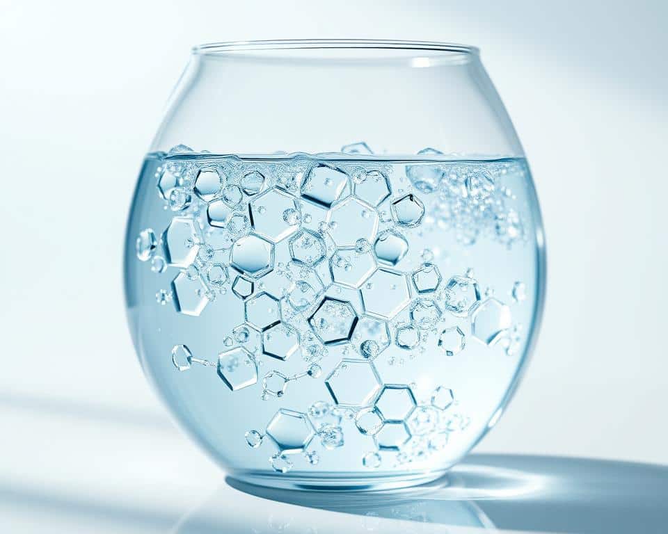A transparent glass vessel filled with crystal-clear, visually captivating "structured water". Delicate water molecules arranged in hexagonal patterns, creating a mesmerizing, flowing display. Soft, natural lighting illuminates the vessel from the side, casting gentle shadows and highlighting the intricate liquid formations. The scene exudes a sense of purity, tranquility, and scientific wonder, inviting the viewer to explore the mysteries of water's molecular structure. The overall mood is one of fascination and curiosity, capturing the essence of efforts to create "structured water" in a visually striking manner.