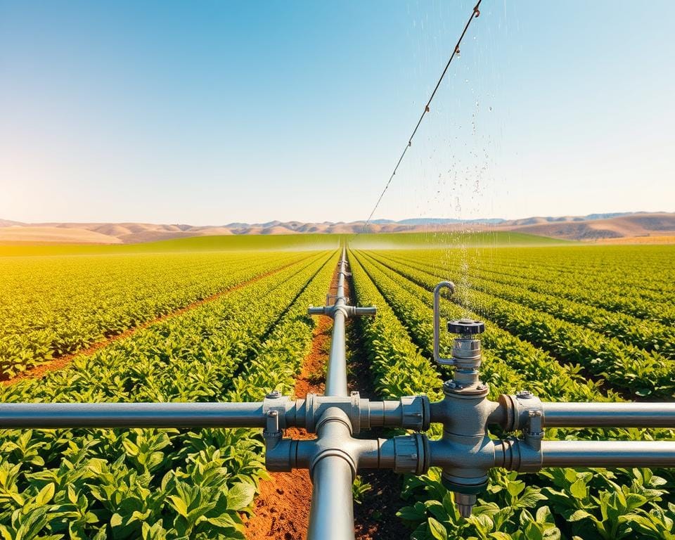 A vast, verdant field stretches before the viewer, lush with rows of crops thriving under the warm, golden sunlight. In the foreground, a sophisticated irrigation system disperses water evenly across the land, with sleek metallic pipes and sprinklers gently misting the soil. The middle ground reveals the intricate network of channels and valves, expertly engineered to efficiently deliver water where it is needed most. In the background, rolling hills and a cloudless blue sky create a serene, pastoral scene, conveying a sense of harmony between modern agricultural practices and the natural environment. The overall mood is one of industrious, yet sustainable, farming techniques that help mitigate the effects of water scarcity.