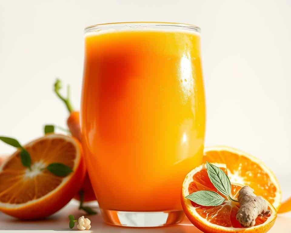 A vibrant glass filled with a blend of freshly squeezed oranges, carrots, and a hint of ginger. The juice glistens with a warm, golden hue, reflecting the soft, natural lighting casting a gentle glow. Beads of condensation cling to the smooth, curved surface, adding a sense of freshness and inviting the viewer to take a refreshing sip. The glass is set against a minimalist, white background, allowing the beverage to be the focal point, emphasizing its nutritious and hydrating properties. The composition is balanced and visually appealing, capturing the essence of a nourishing morning drink.