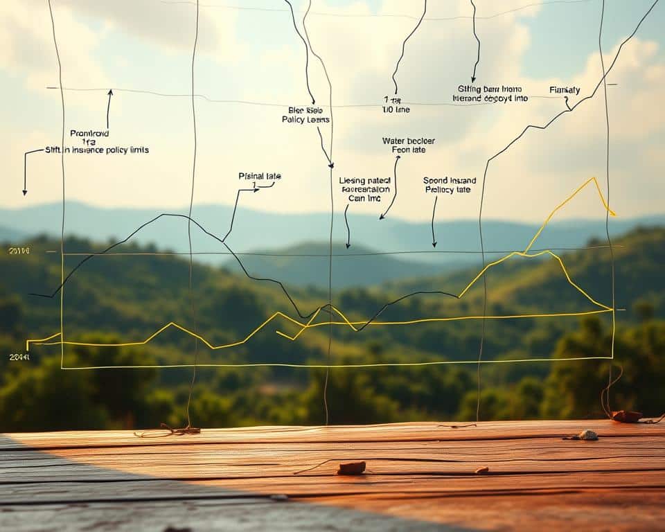 A weathered financial chart displays a complex web of signals - rising premium rates, shifting insurance policy limits, and an uptick in claims. Against a backdrop of lush, verdant landscapes, these economic indicators subtly hint at the looming impacts of water scarcity on human migration patterns. The scene is illuminated by a soft, golden light, casting a pensive, almost melancholic atmosphere. The composition invites the viewer to contemplate the intricate relationship between environmental change, insurance markets, and the pressures that drive people to seek new homes.