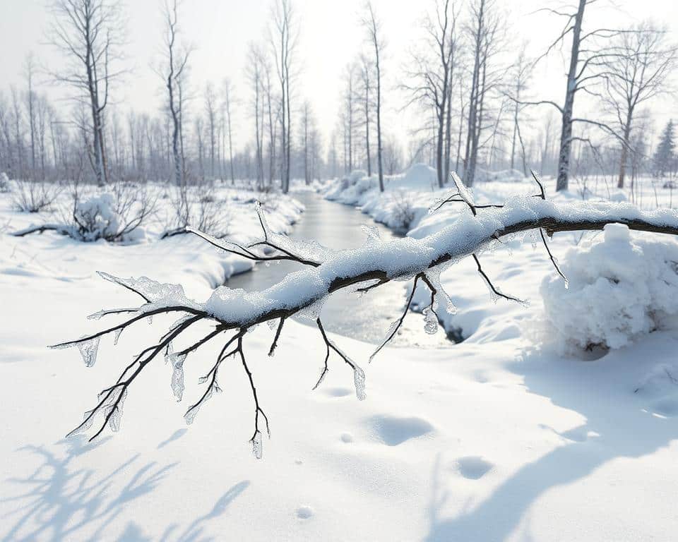 A wintry landscape, blanketed in a thick layer of snow. In the foreground, a fallen tree branch is coated in a crystalline layer of ice, casting intricate shadows on the pristine white surface. In the middle ground, a frozen stream winds its way through the scene, its surface reflecting the muted tones of the overcast sky. In the distance, tall, barren trees stand like sentinels, their branches reaching towards the heavens, creating a striking silhouette against the muted, hazy background. The scene conveys a sense of tranquility and stillness, yet also a palpable tension, as the impacts of climate change on the delicate ecosystem are made manifest.