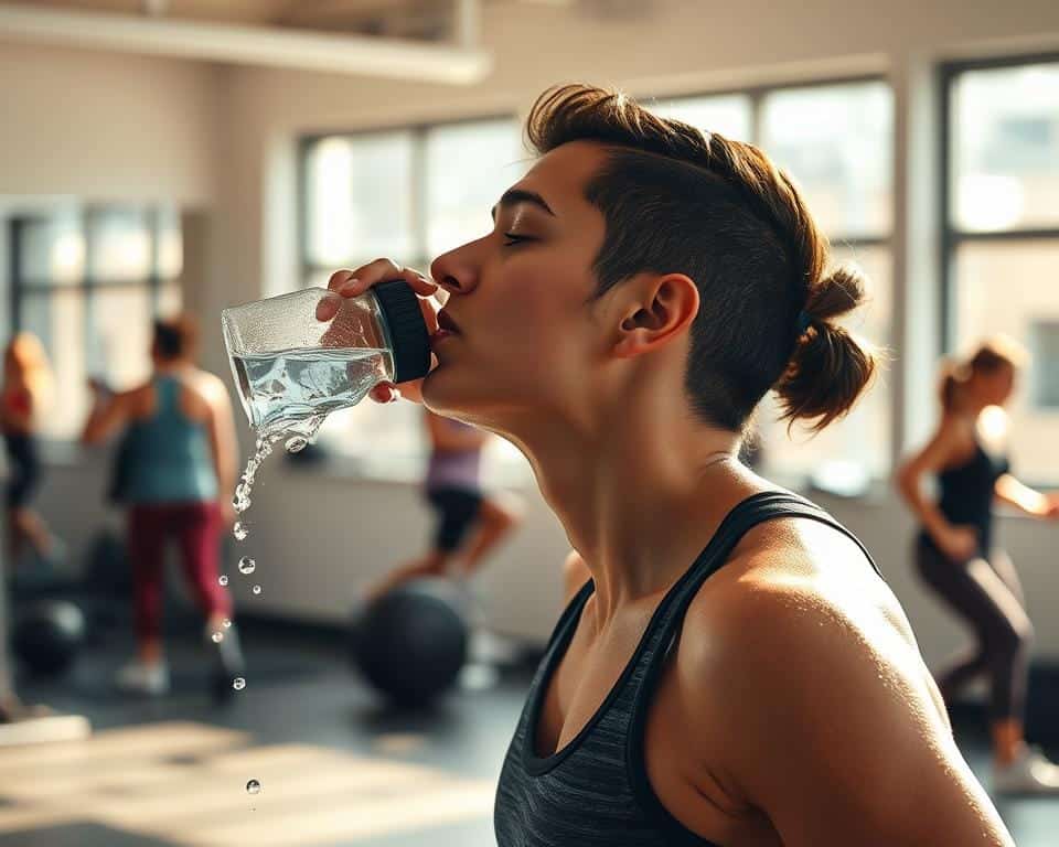 An active person vigorously drinking water during a workout session, against a blurred background of a gym or fitness studio. The figure is positioned in the foreground, with water droplets glistening on their face and activewear. Warm, natural lighting illuminates the scene, creating a sense of energy and movement. The middle ground features exercise equipment and a glimpse of other people engaging in various activities, while the background is softly out of focus, emphasizing the subject. The overall atmosphere conveys the importance of proper hydration before, during, and after physical activity.