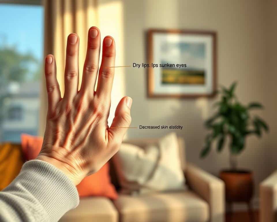An elderly person's hand pointing to common signs of dehydration, including dry lips, sunken eyes, and decreased skin elasticity. The scene is set in a warmly lit, cozy living room, with a potted plant and a framed nature photograph in the background, conveying a sense of comfort and care. The lighting is soft and directional, emphasizing the details of the hand and the facial features. The camera angle is slightly elevated, creating a sense of empathy and understanding. The overall mood is one of concern and guidance, reflecting the article's focus on helping seniors recognize the early signs of dehydration.