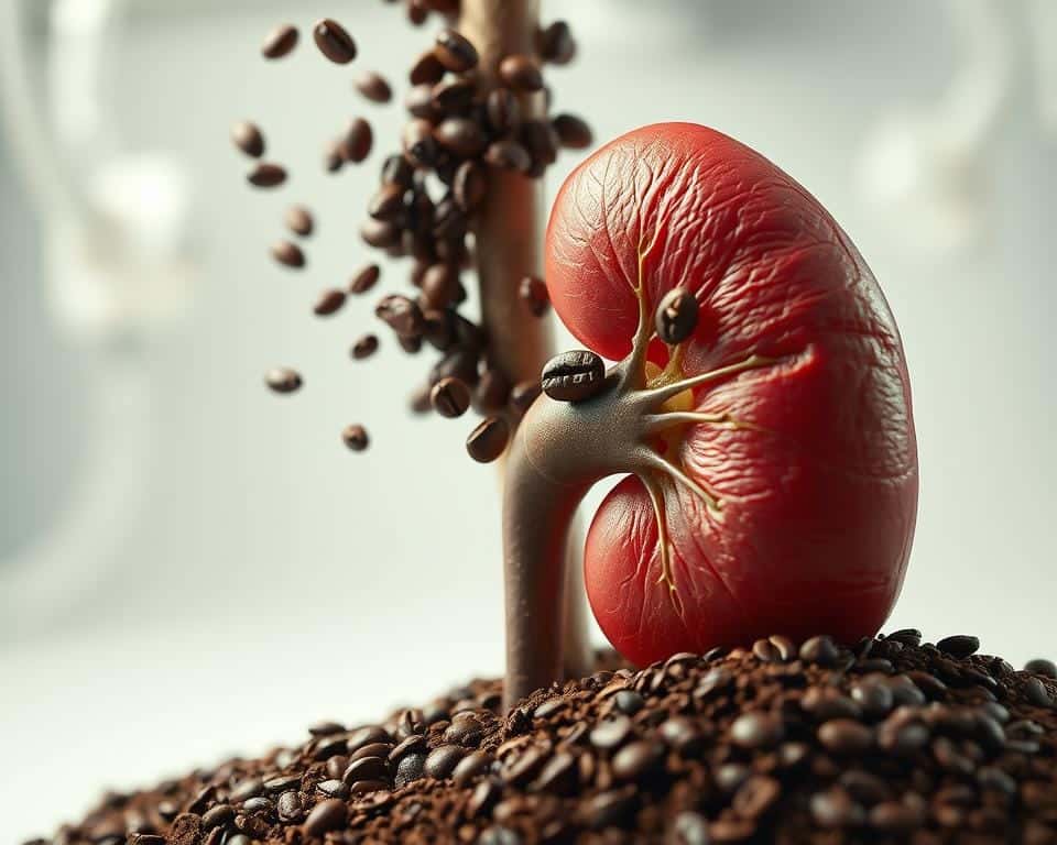 Detailed close-up view of a human kidney with coffee beans and coffee grounds cascading from the organ, creating a surreal and unsettling visual metaphor for the impact of caffeine consumption on kidney health. Soft, muted lighting illuminates the textural details of the kidney's surface, while the coffee elements appear to flow organically from the organ, blending the natural and the artificial. The composition emphasizes the intricate relationship between caffeine intake and kidney function, conveying a sense of the complex interplay between the two. Crisp, high-resolution details throughout the image create a sense of scientific observation and clinical analysis.