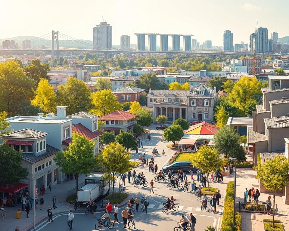 a bustling urban landscape with a diverse array of residential and commercial buildings, surrounded by lush greenery and towering trees. the foreground features a vibrant street scene with people of all ages and backgrounds going about their daily lives, engaging in various activities such as walking, cycling, and conversing. the middle ground showcases well-planned public spaces, including parks, playgrounds, and community centers, where people gather and interact. in the background, a series of modern high-rise structures and infrastructure projects, such as bridges and transportation hubs, create a sense of a thriving, well-integrated community. the lighting is warm and natural, with the sun casting a gentle glow over the entire scene. the overall atmosphere conveys a sense of inclusiveness, sustainability, and community resilience.