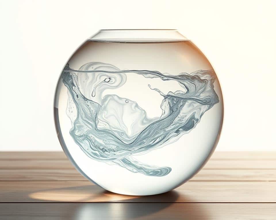 a serene, crystal-clear glass orb filled with shimmering, cascading water that appears to have a subtle, swirling internal structure; the orb is bathed in soft, diffused natural lighting from above, creating a mesmerizing, ethereal effect; the water appears to have a silky, almost gel-like texture, with intricate patterns and flow lines visible within; the orb is placed on a simple, minimalist wooden surface, allowing the beauty of the structured water to take center stage; the overall composition conveys a sense of tranquility, purity, and the natural wonder of water's hidden complexities