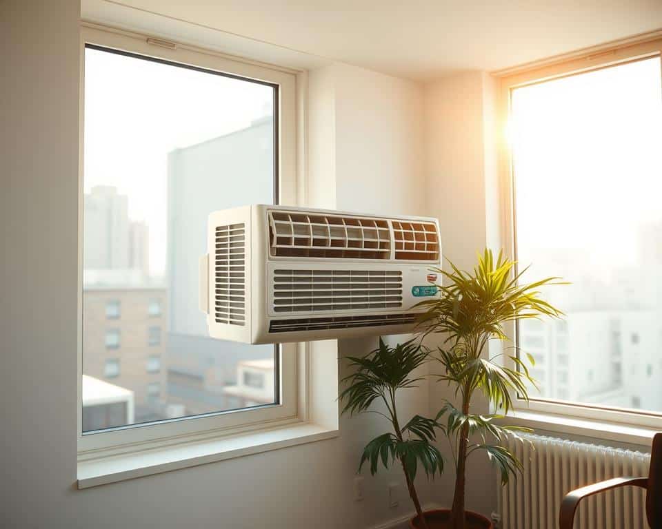high detail, sharp focus, natural colors, a well-lit interior scene of an apartment or office space, with a prominent air conditioning unit installed in a window, providing a visual metaphor for "access to air conditioning." The air conditioning unit should be the clear focal point, with the surrounding space conveying a sense of comfort, functionality, and respite from the heat outside. The scene should evoke a sense of short-term relief from high temperatures, while also hinting at the need for long-term, more sustainable solutions to address urban heat island challenges.