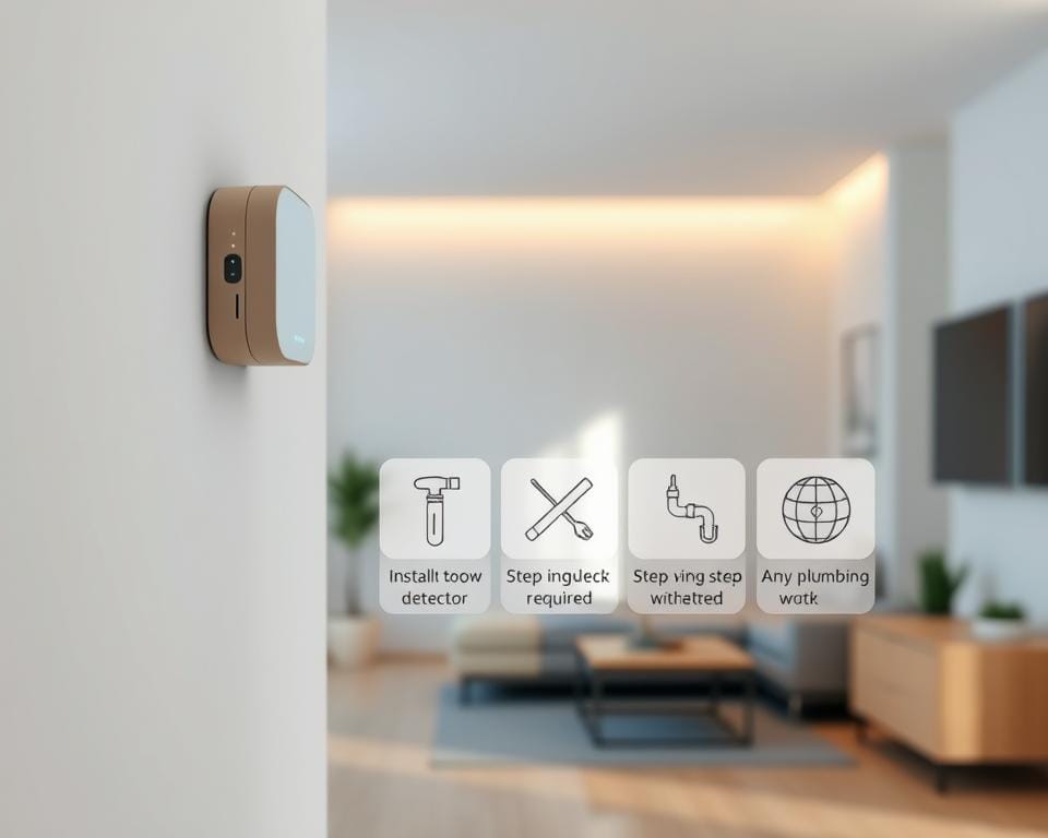 A modern apartment interior with a neutral color scheme, featuring a mounted wall-mounted IoT leak detector device. The device is discreetly installed, blending seamlessly with the decor. The foreground showcases the simple, sleek design of the detector, its status lights subtly illuminating the surroundings. In the middle ground, the installation process is depicted, with tools and a step-by-step guide demonstrating the ease of setup without any plumbing work required. The background offers a glimpse of the living space, suggesting a comfortable, minimalist aesthetic. The lighting is soft and natural, emphasizing the modern, hassle-free nature of the leak detection solution.