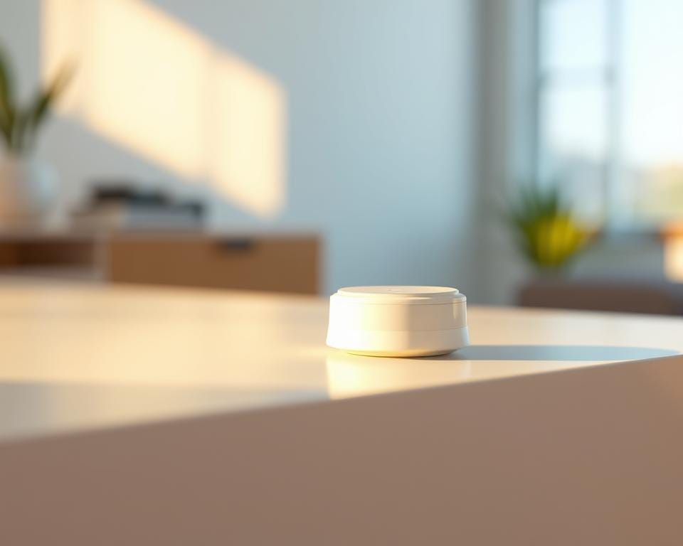 A sleek and compact water leak sensor rests on a pristine white surface, its modern design accentuated by warm, natural lighting. The sensor's minimalist silhouette is highlighted, capturing the essence of a budget-friendly, yet technologically advanced, IoT solution. In the background, a soft, blurred gradient subtly frames the device, creating a sense of depth and emphasis on the sensor's key features. The overall mood is one of simplicity, efficiency, and a touch of sophistication, perfectly suited for a section on budget-friendly leak detectors for apartments.