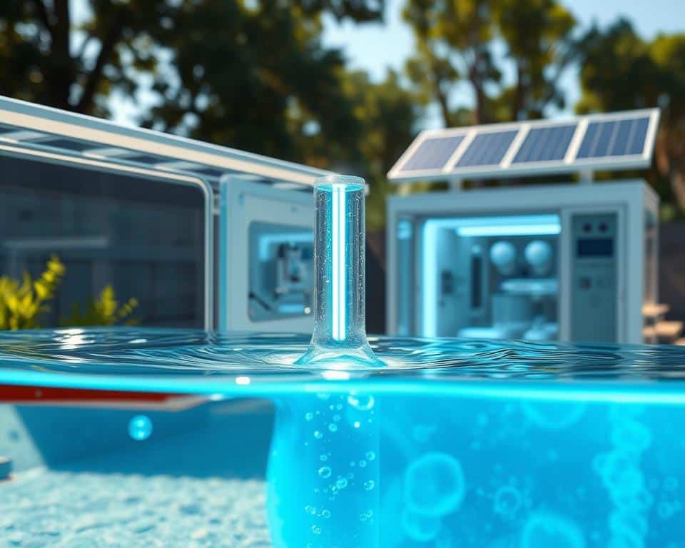 A stunningly detailed, highly realistic rendering of the UV-C water purification process. In the foreground, observe the clear, pristine water flowing through a transparent chamber, illuminated by a powerful UV-C lamp. The middle ground showcases the complex internal mechanisms, with precisely engineered components and intricate piping. In the background, a sleek, modern housing design, bathed in natural light, conveys the advanced, solar-powered technology powering this innovative purification system. Crisp, high-resolution textures, sharp focus, and a harmonious color palette create a visually captivating and technically accurate depiction of this essential water treatment process.