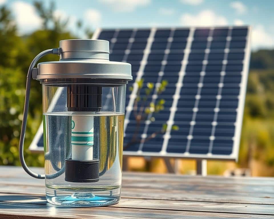 a highly detailed and sharply focused image of a solar water purifier, showcasing its key features in a natural color palette. The foreground prominently displays the purifier's transparent water chamber, revealing the internal filtration components. The middle ground features the solar panel array, meticulously detailed to capture its efficient energy conversion capabilities. In the background, a serene natural landscape with lush greenery and a clear sky sets the stage, emphasizing the purifier's eco-friendly, off-grid design. The lighting is natural and directional, casting subtle shadows that accentuate the purifier's sleek lines and premium construction. The overall scene conveys the quality, performance, and sustainability inherent in a high-end solar water purification system.