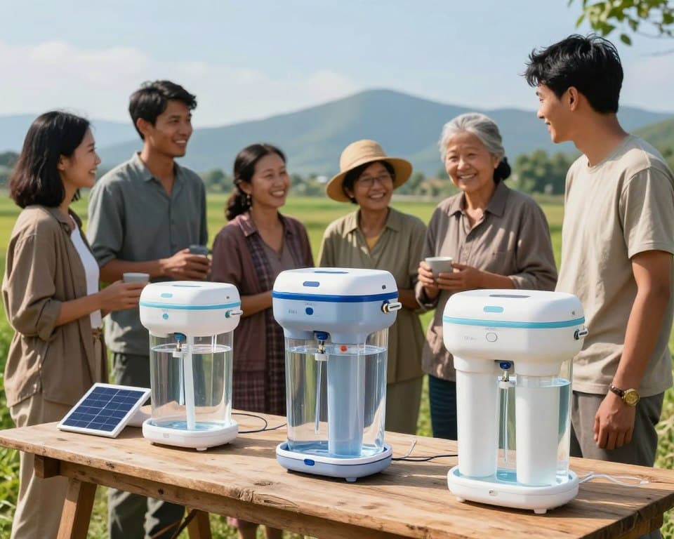A close-up view of portable water filtration technologies showcased on a rustic wooden table in an open rural environment. In the foreground, several sleek, modern filtration devices with clear water tanks, some featuring built-in solar panels, are arranged attractively. In the middle ground, a group of modestly dressed individuals is seen using the devices, engaged in a conversation about water quality, their expressions reflecting hope and happiness. The background features a lush green landscape with distant mountains and a clear blue sky, enhancing the sense of a thriving rural setting. Soft, natural lighting illuminates the scene, emphasizing the clarity of the water and the innovative designs of the filtration systems. The mood is optimistic and supportive, highlighting the importance of clean drinking water access.