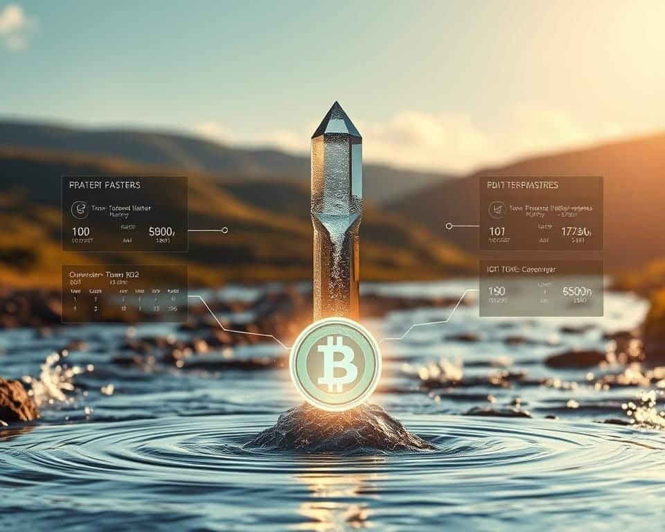 A crystalline blockchain tower rises against a backdrop of flowing water and rolling hills. In the foreground, digital water droplets coalesce into a glowing token, representing the tokenization of water rights. Sleek user interfaces display transaction histories and ownership data, while discreet IoT sensors monitor water flow. The scene is bathed in warm, diffused lighting, conveying a sense of harmony between technology and the natural environment. Subtle lens flares and depth-of-field blur add to the sophisticated, professional aesthetic.