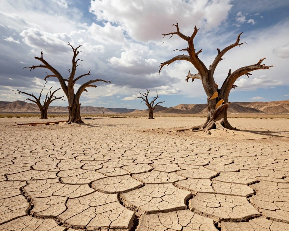 A detailed landscape illustrating the impact of precolonial megadroughts in North America, featuring a stark and dry terrain with cracked earth prominently in the foreground. In the middle, display ancient, gnarled trees with pronounced growth rings visible on cut surfaces, representing historical drought evidence. The backdrop should include a distant view of arid hills under a dramatic sky with hints of looming clouds, casting soft, diffused light across the scene, enhancing the atmosphere of desolation. The colors should be natural, with earthy tones showcasing browns and soft yellows, emphasizing the climate's harshness. Capture the image from a low angle, focusing on the tree rings while allowing the expansive landscape to unfold above, creating a sense of depth and reflection on the harsh realities of the past. A detailed landscape illustrating the impact of precolonial megadroughts in North America, featuring a stark and dry terrain with cracked earth prominently in the foreground. In the middle, display ancient, gnarled trees with pronounced growth rings visible on cut surfaces, representing historical drought evidence. The backdrop should include a distant view of arid hills under a dramatic sky with hints of looming clouds, casting soft, diffused light across the scene, enhancing the atmosphere of desolation. The colors should be natural, with earthy tones showcasing browns and soft yellows, emphasizing the climate's harshness. Capture the image from a low angle, focusing on the tree rings while allowing the expansive landscape to unfold above, creating a sense of depth and reflection on the harsh realities of the past.