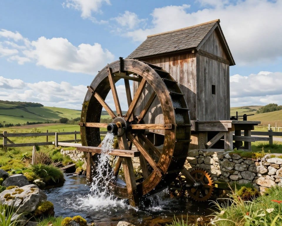 A detailed medieval watermill set in a lush green landscape, showcasing the mechanics of waterpower. In the foreground, an intricately crafted wooden waterwheel, splashing water as it turns, with visible gears and mechanisms connecting to a stone milling structure. In the middle, the mill's timber frame, adorned with moss, and a flowing stream directing water towards the wheel, reflecting the sunlight. The background features gently rolling hills and a clear blue sky with fluffy clouds, creating a serene atmosphere. Soft, warm lighting enhances the natural colors, illuminating the textures of wood and stone. The image conveys a sense of harmony between nature and technology, capturing the essence of how water became a source of mechanical energy.