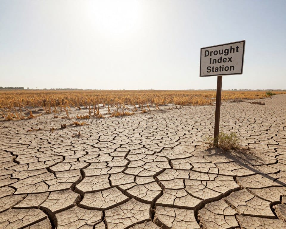 A detailed visual representation of an arid landscape, illustrating the severe impacts of drought. In the foreground, cracked earth and parched soil are visible, with sparse vegetation struggling to survive. In the middle ground, a desolate field stretches out, showing wilted crops and scattered drought indicators like a weathered sign marking a drought index station. In the background, a hazy sky dominates, hinting at an oppressive heat, with the sun low on the horizon casting long shadows. The colors are muted, showcasing browns, yellows, and dusty grays. The atmosphere conveys a sense of urgency and despair, emphasizing the dire consequences of climate change. The composition is shot from a low angle to highlight the cracked ground, with soft natural lighting enhancing the scene's stark realism. A detailed visual representation of an arid landscape, illustrating the severe impacts of drought. In the foreground, cracked earth and parched soil are visible, with sparse vegetation struggling to survive. In the middle ground, a desolate field stretches out, showing wilted crops and scattered drought indicators like a weathered sign marking a drought index station. In the background, a hazy sky dominates, hinting at an oppressive heat, with the sun low on the horizon casting long shadows. The colors are muted, showcasing browns, yellows, and dusty grays. The atmosphere conveys a sense of urgency and despair, emphasizing the dire consequences of climate change. The composition is shot from a low angle to highlight the cracked ground, with soft natural lighting enhancing the scene's stark realism.