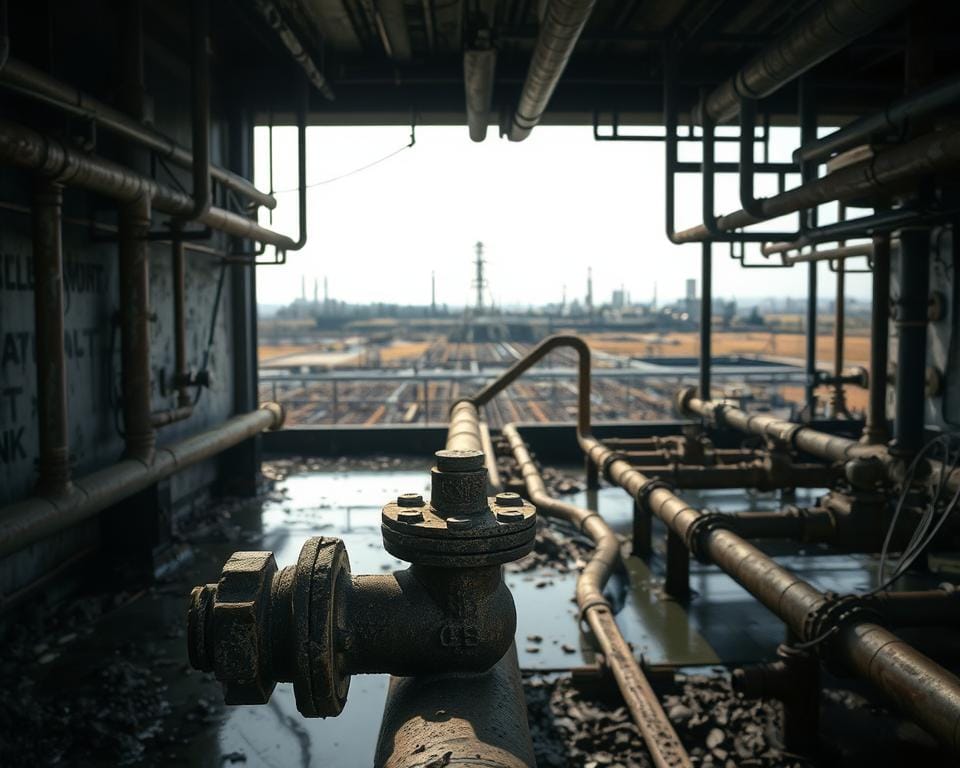 A dilapidated water treatment plant, its rusting pipes and crumbling infrastructure exposed, stands as a stark symbol of the aging water crisis gripping America. Dim, ominous lighting casts long shadows, conveying a sense of deterioration and neglect. In the foreground, a cracked and corroded valve sits, a tangible reminder of the system's fragility. The middle ground features a maze of tangled, leaking pipes, their disrepair apparent. The background reveals a bleak, industrial landscape, hinting at the widespread nature of this growing problem. This image aims to viscerally capture the urgency and severity of the aging water infrastructure crisis facing the nation.