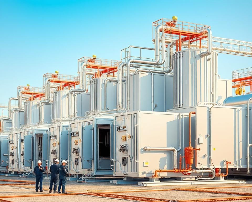 A large-scale, modular water treatment plant in a sprawling industrial setting, expertly installed with precision and efficiency. The prefabricated units are arranged in a cohesive layout, their sleek, metallic exteriors gleaming under the warm, natural lighting. Intricate pipes and valves connect the various components, creating a complex, functional system. In the foreground, a team of technicians oversees the final stages of deployment, ensuring a seamless integration into the surrounding landscape. The overall scene conveys a sense of rapid, streamlined installation, ready to provide clean, reliable water at a moment's notice.