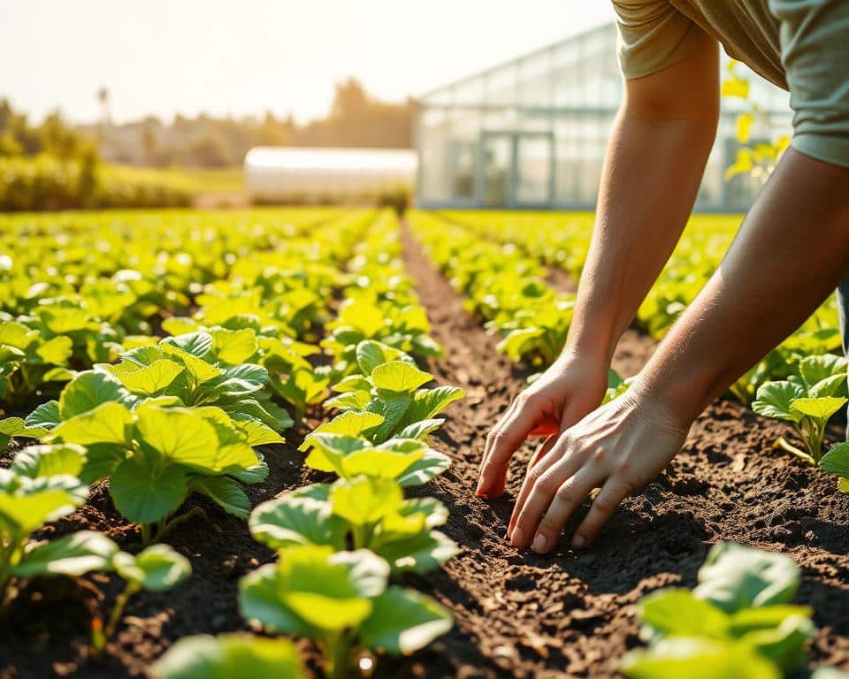A lush agricultural field, with rows of crops flourishing under the warm sunlight. In the foreground, a farmer carefully tends to the soil, his hands gently working to incorporate a hydrogel-based water storage solution. The middle ground reveals the verdant plants, their leaves glistening with moisture, while in the background, a modern greenhouse stands, showcasing the integration of this cutting-edge technology. The scene exudes a sense of harmony, where sustainable water management and bountiful yields coexist in a natural, well-balanced ecosystem. A lush agricultural field, with rows of crops flourishing under the warm sunlight. In the foreground, a farmer carefully tends to the soil, his hands gently working to incorporate a hydrogel-based water storage solution. The middle ground reveals the verdant plants, their leaves glistening with moisture, while in the background, a modern greenhouse stands, showcasing the integration of this cutting-edge technology. The scene exudes a sense of harmony, where sustainable water management and bountiful yields coexist in a natural, well-balanced ecosystem.